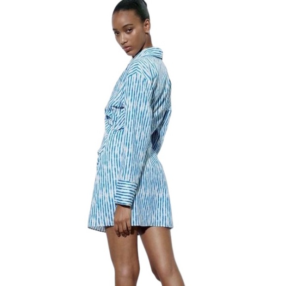 NWT Zara Blue & White Striped Linen Blend Cutout Midriff Twist Mini Dress - XS - Picture 4 of 16